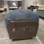 Blue Tufted Velvet Bed Bench with Natural Wood Veneer & Gold Accents